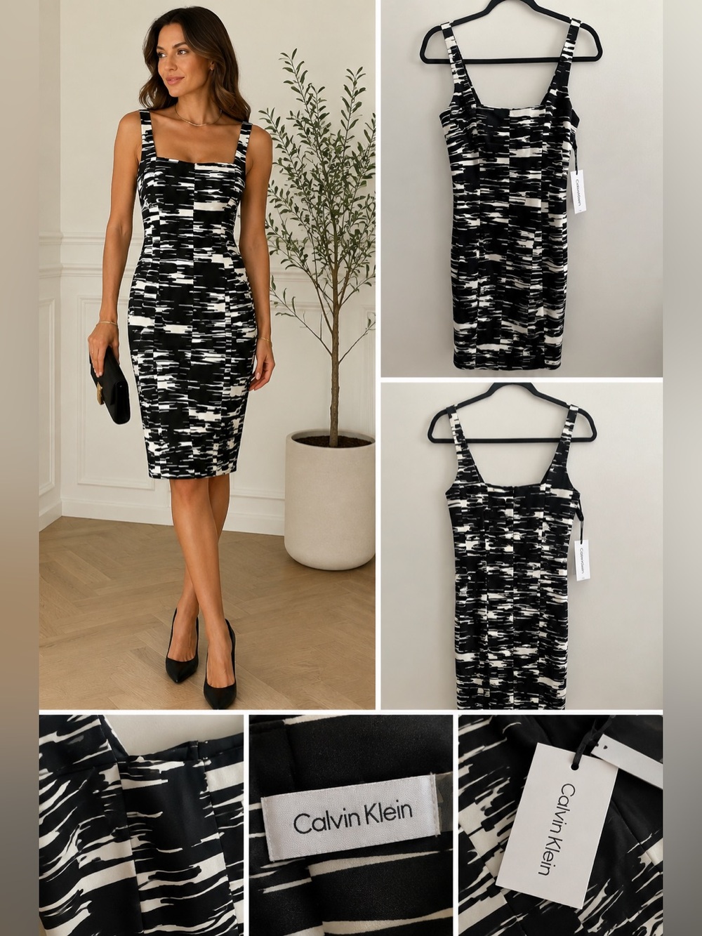 Calvin Klein NWT Black White Abstract Print Cotton Sheath Dress Size 6